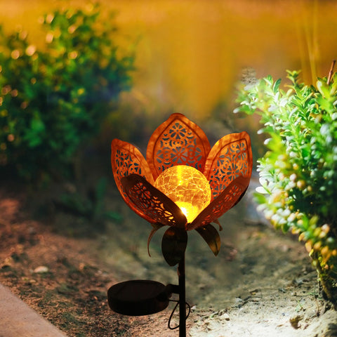 Golden Lotus Shape Ground Stake Light | Metal Lotus Leaf Hollow Design Solar Waterproof LED Light