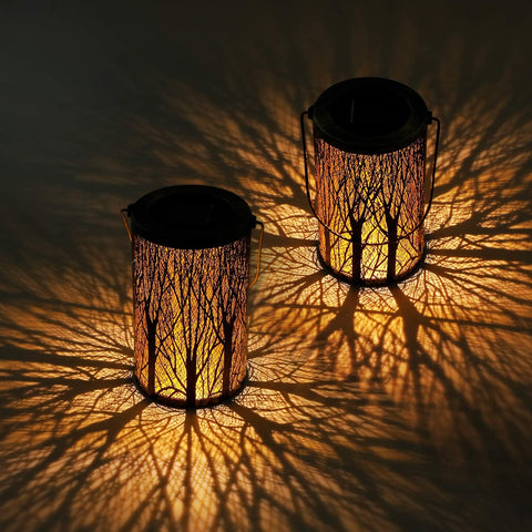 Solar Waterproof Metal Iron Hollow Lantern Trunk Pattern LED Decorative Light