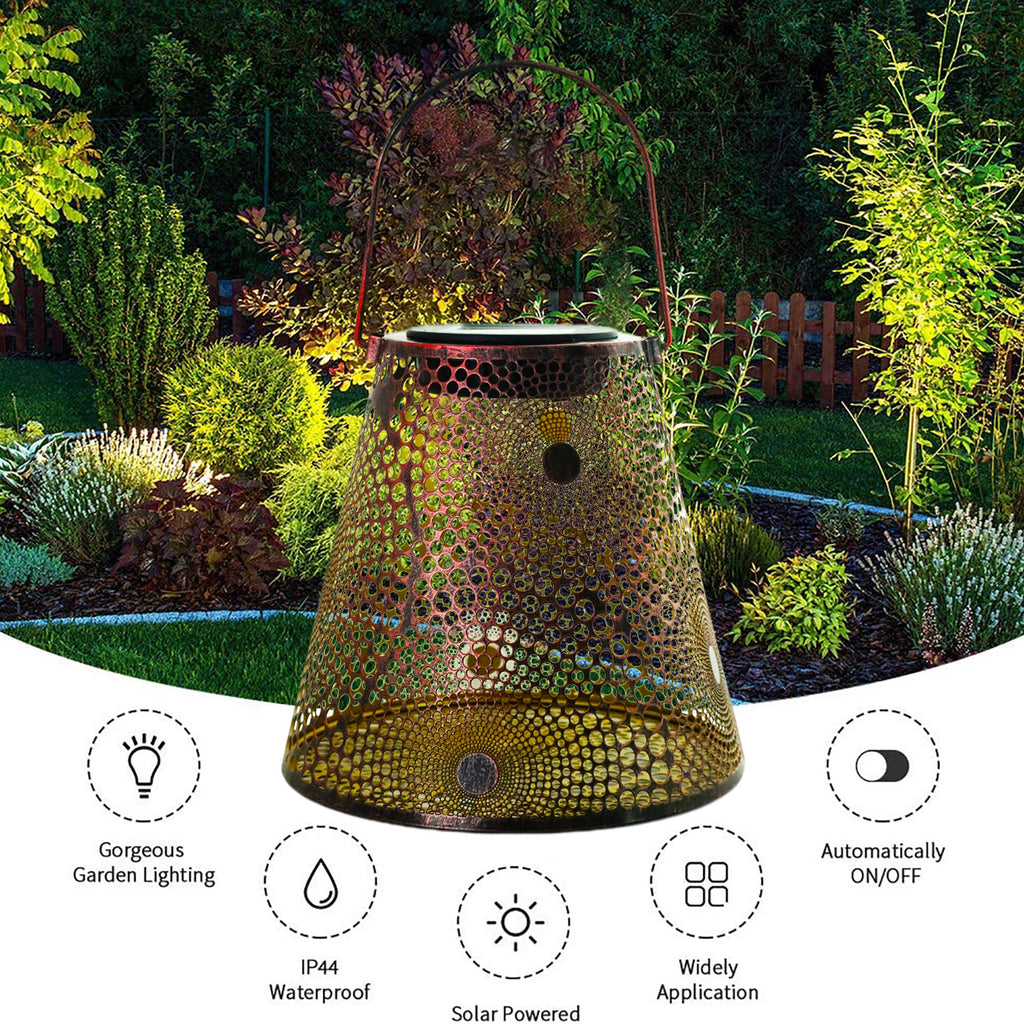 Waterproof Solar Lamp Retro Hollow Lantern Light Iron Art Hollow Lantern  Light Handheld Hanging Projector Lamp Yard Decoration