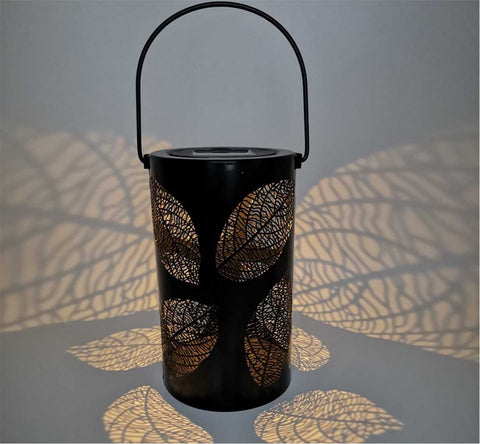 Solar Leaf Pattern Hollow Lantern LED Pendant Lamp (Black)