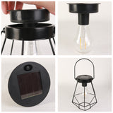 LED Edison Bulb Hanging Lantern | Retro Style Birdcage Shape Solar Decorative Light（Black）