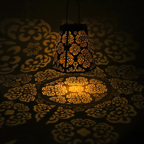 Hollow Flower Pattern Iron Lantern | Solar Waterproof Projection LED Decorative Light