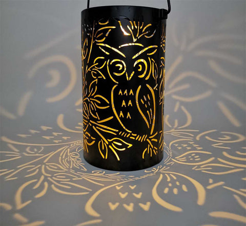 Solar Wrought Iron Hollow Lantern Owl Pattern LED Black Chandelier