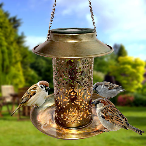 Bird Feeder LED Lantern | Solar Metal Hollow Projection Garden Decoration Lantern